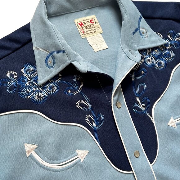 Vintage 70s H Bar C California Ranchwear Men’s Blue Button up Shirt - Picture 3 of 8